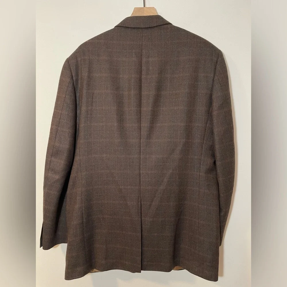 Haspel Brown 100% Lambswool Mens Suit Jacket Size 44 Long 3 Button Subtle Plaid